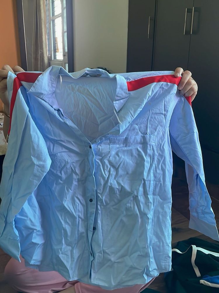 Men's Blue Button-Up Shirt with Red Stripe Detail