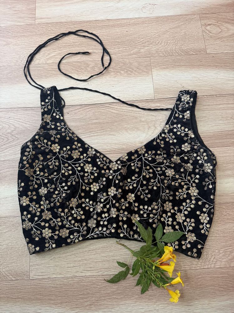 Embroidered Black Velvet Blouse