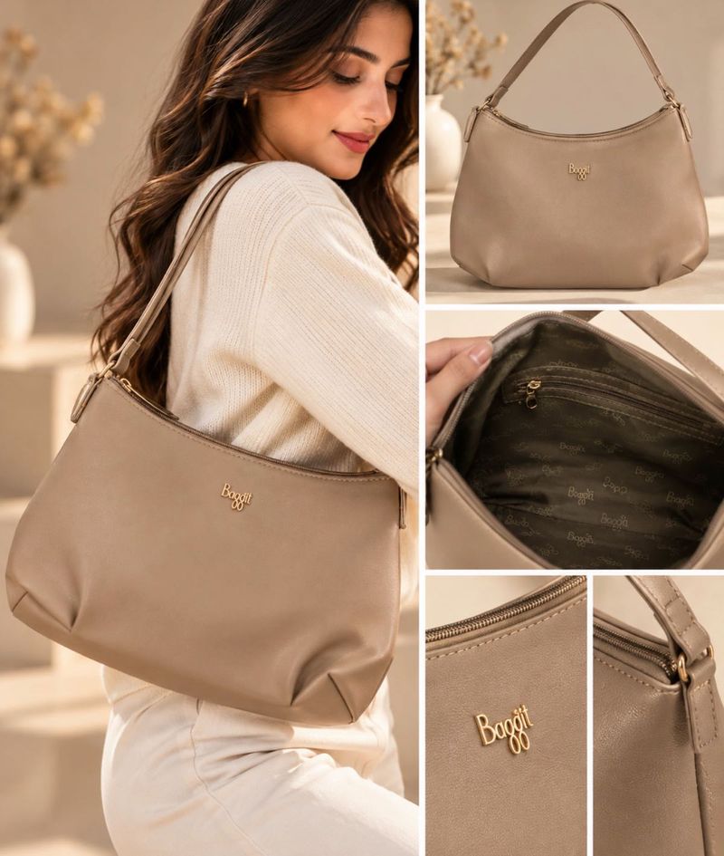 Elegant Beige Faux Leather Shoulder Bag for Women