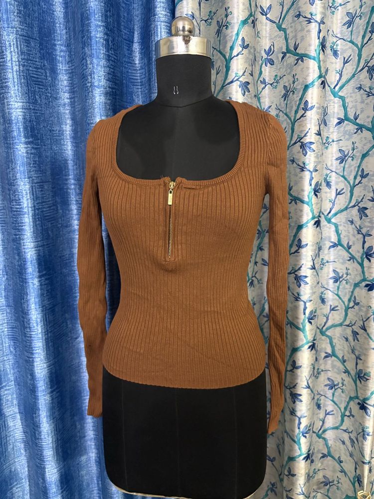 guess Ribbed Knit Zip-Up Top