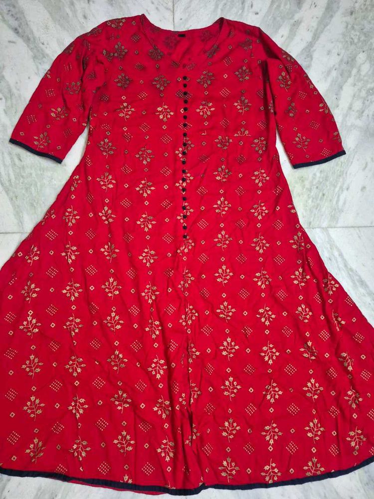 Red Kurta with Golden Print