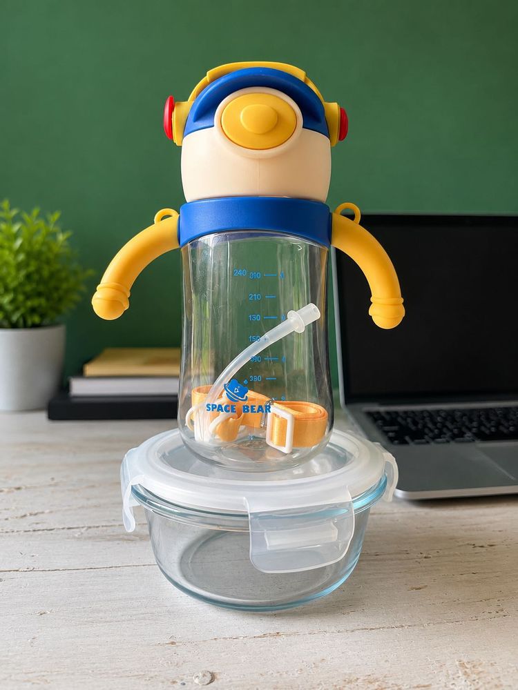 Cute Space Bottle And Glass Container Combo