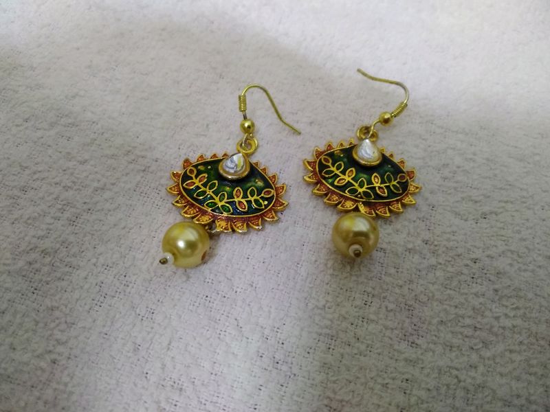 Beautiful, Pretty, Cute, Green Colour, Red Colour, Golden Colour, Moti, Diamond Earrings