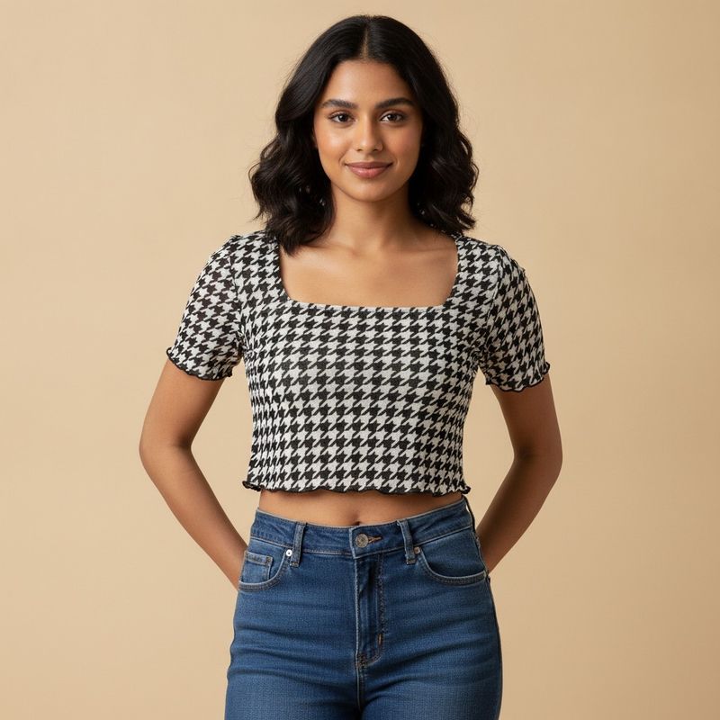 Houndstooth Print Square Neck Top