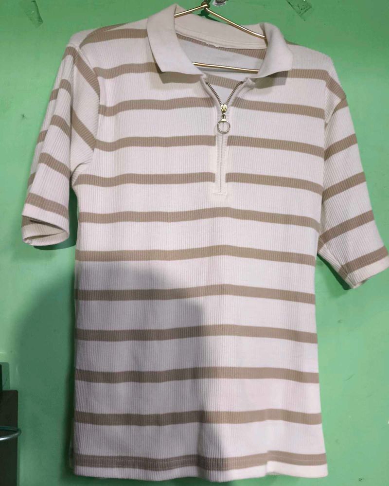 Striped Knit Polo Top