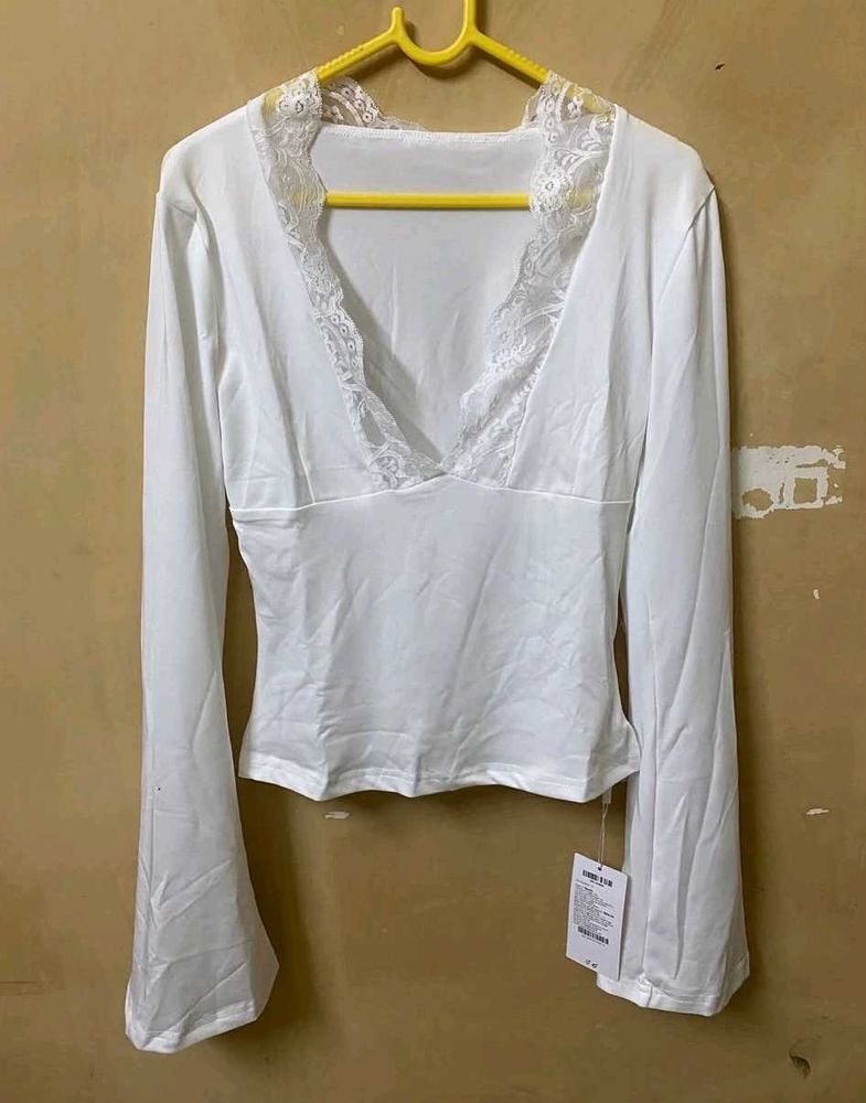 White Lace Trim V-Neck Long Sleeve Top