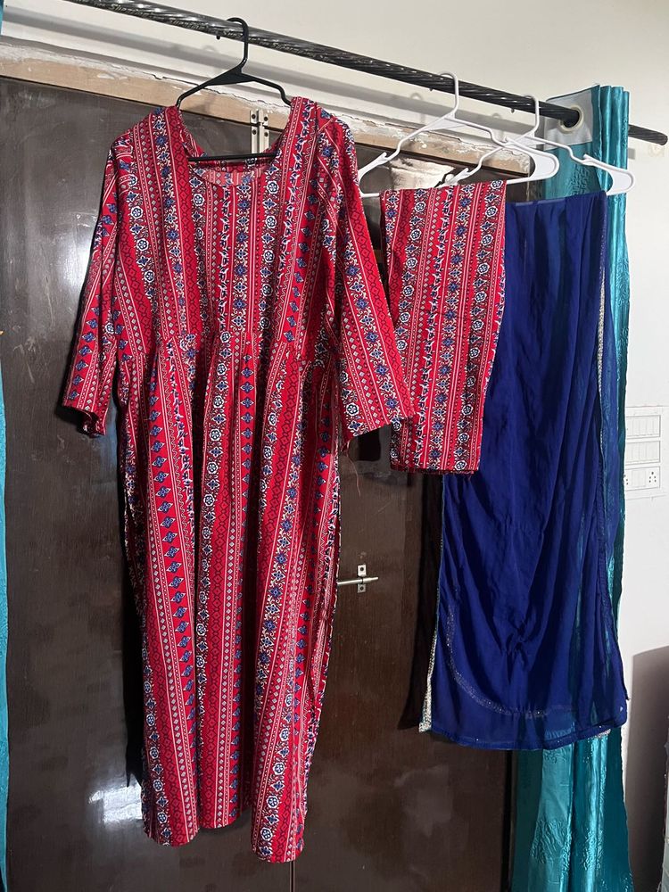Beautiful Red &amp; Blue Printed Kurta Set