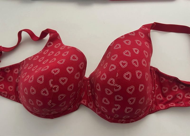 Red Heart Print Bra - 38DD