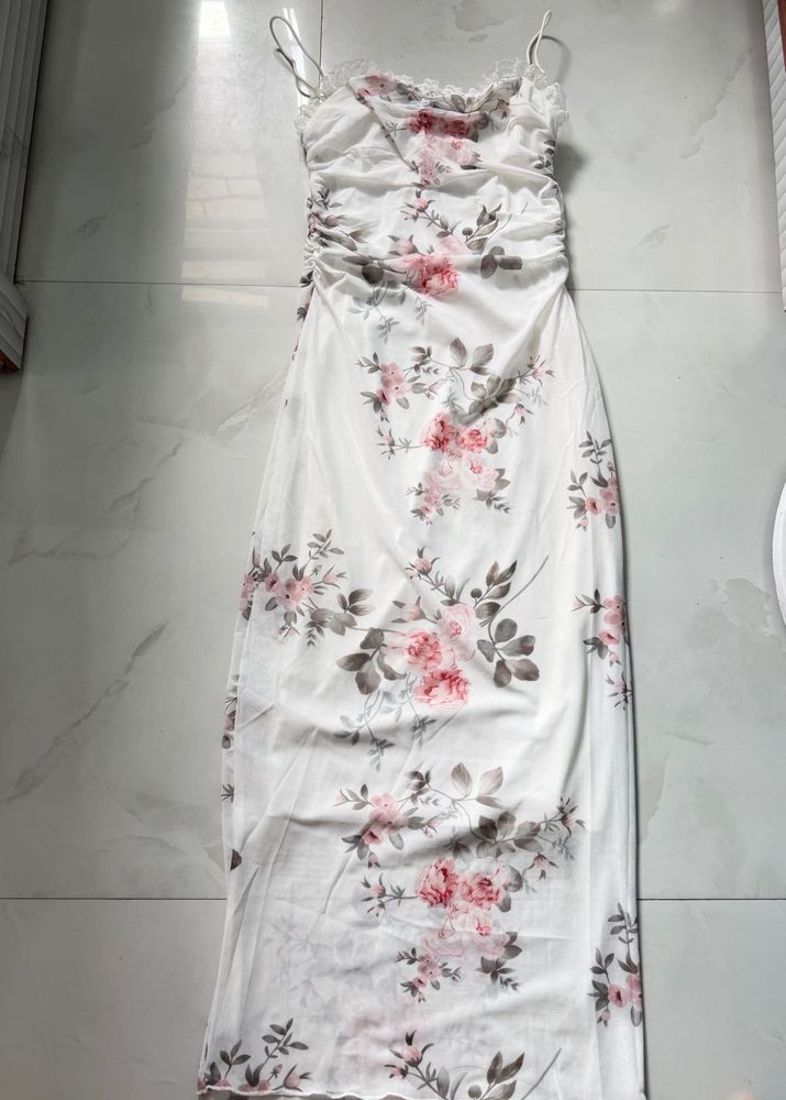 White Floral Print Ruched Maxi Dress
