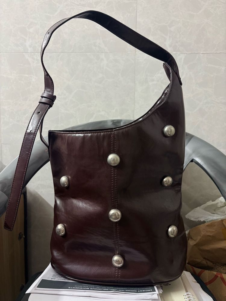 Chic Brown Leather Shoulder Bag with Silver Studs