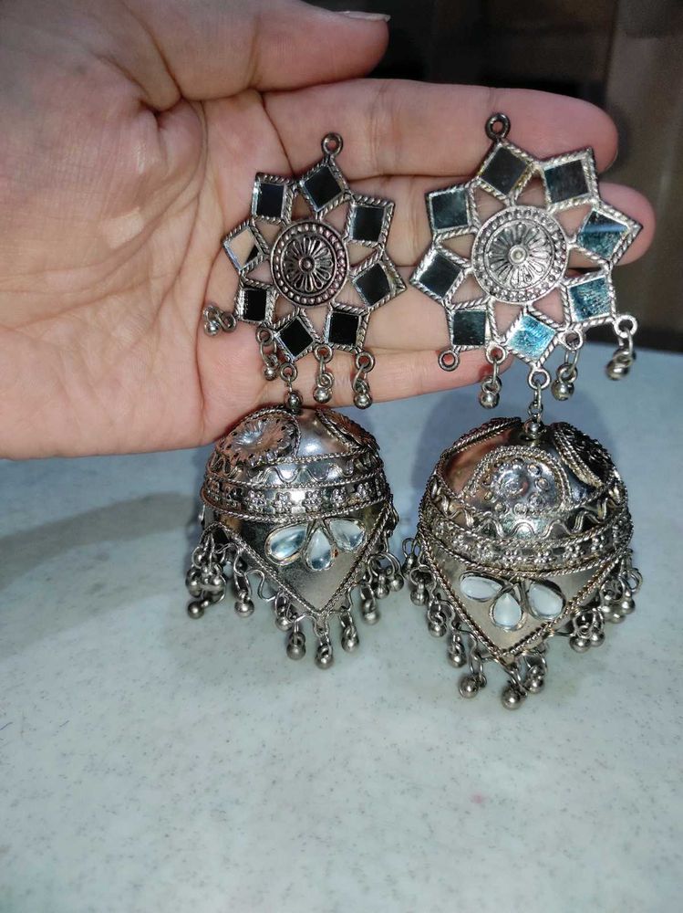 Silver Mirror Jhumka Earrings