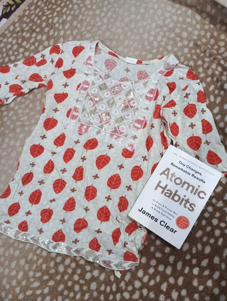 White Kurta with Red Leaf Print