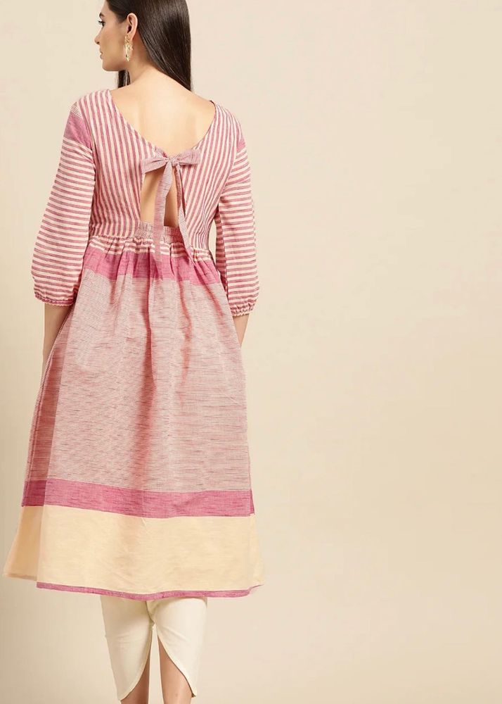 Chic Striped Kurta with Bow Detail