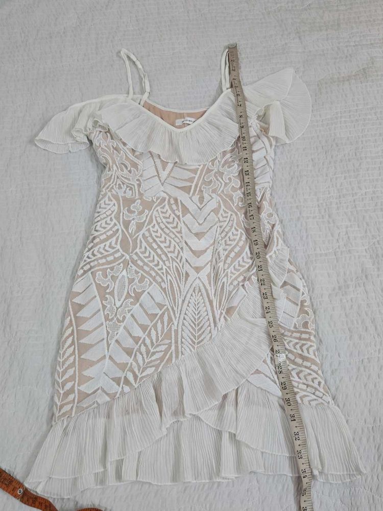 Chic White Ruffle Cold Shoulder Dress bust 34
