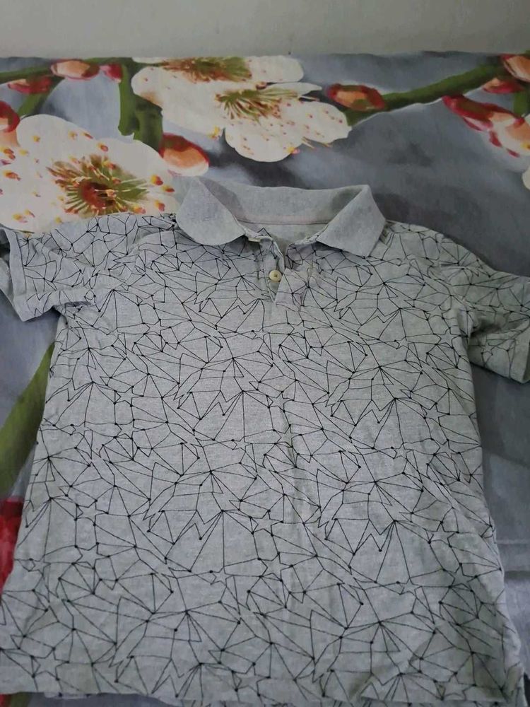 Grey Geometric Print Polo T-Shirt