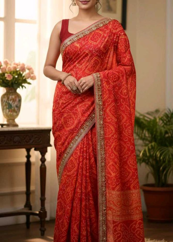 Red &amp; Orange Bandhani Saree