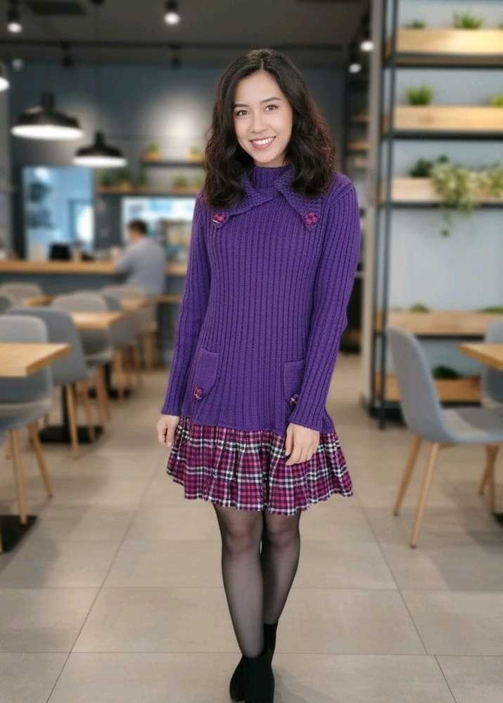 Purple Knit Dress with Plaid Skirt