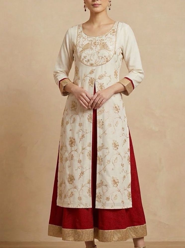 Cream embroidered Kurta with Red Zari Skirt
