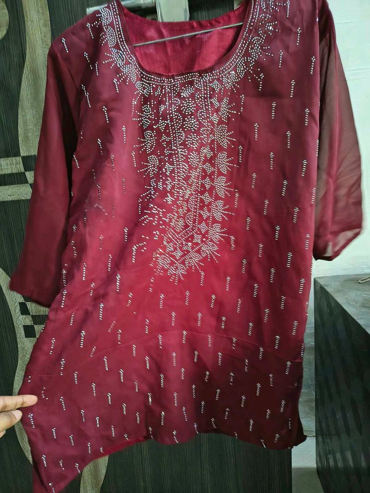 Maroon Embellished short kurti