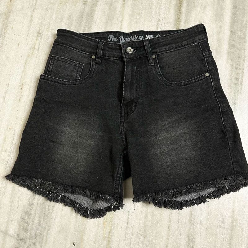 Black Washed Regular Fit Frayed Denim Shorts