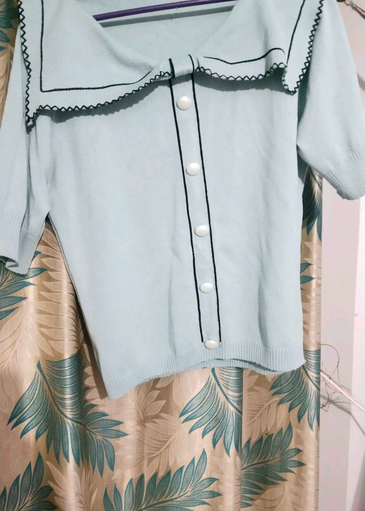 Light Blue Button-Up Knit Top(Korea style)
