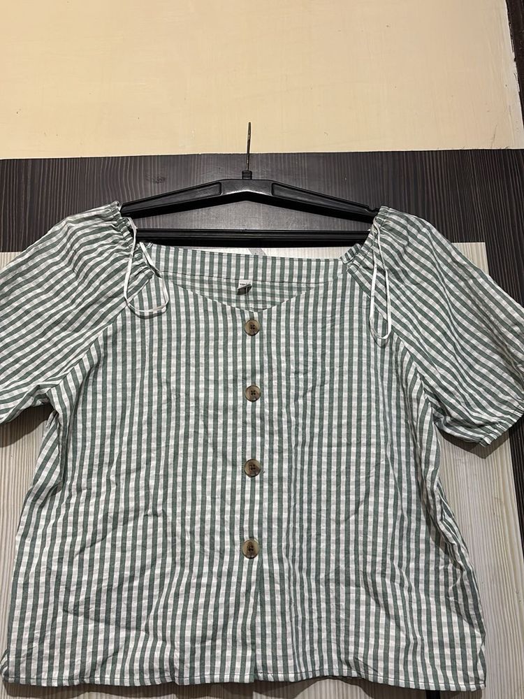 Green Gingham Square Neck Top