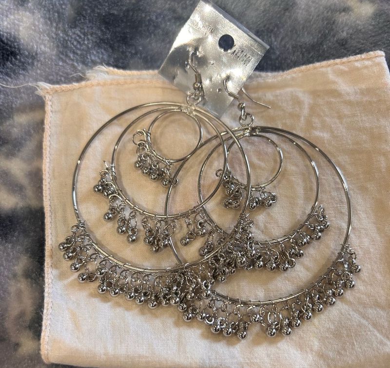 Silver Tone Hoop Earrings with Charms