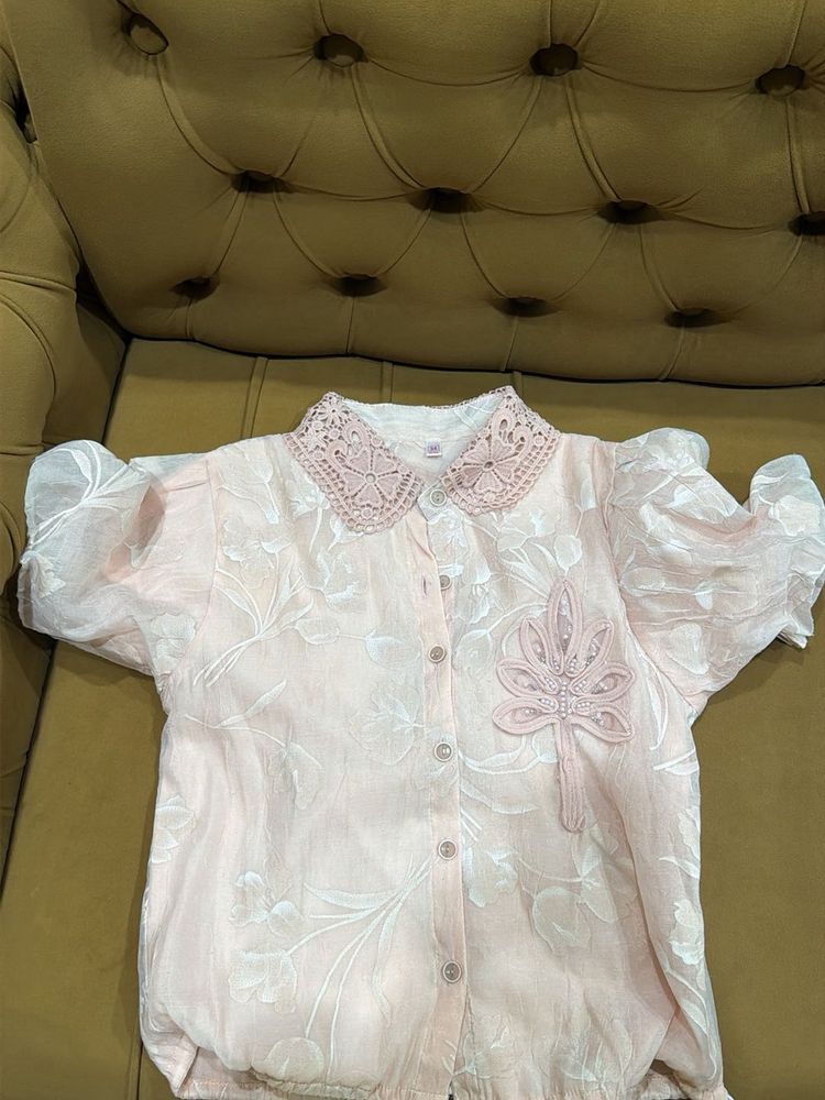 Chic Light Pink Embroidered Puff Sleeve Top