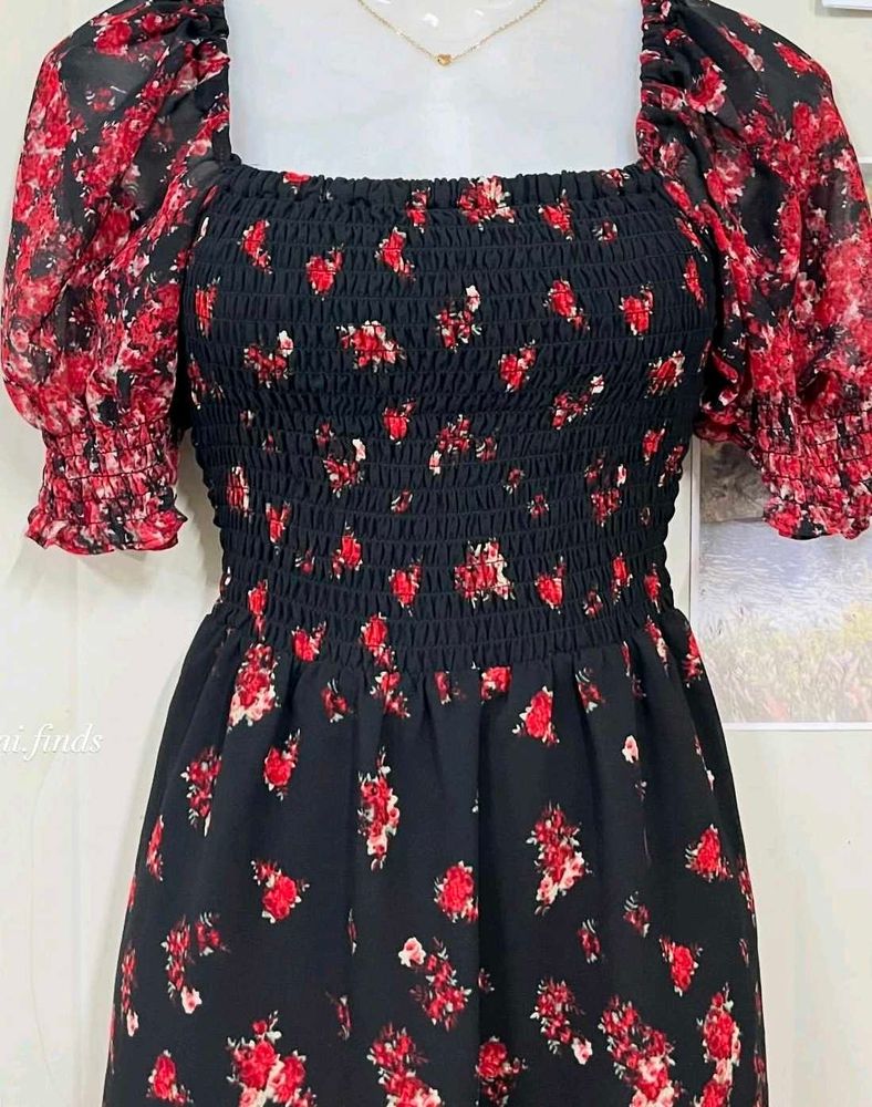Floral Smocked Square Neck Dress
