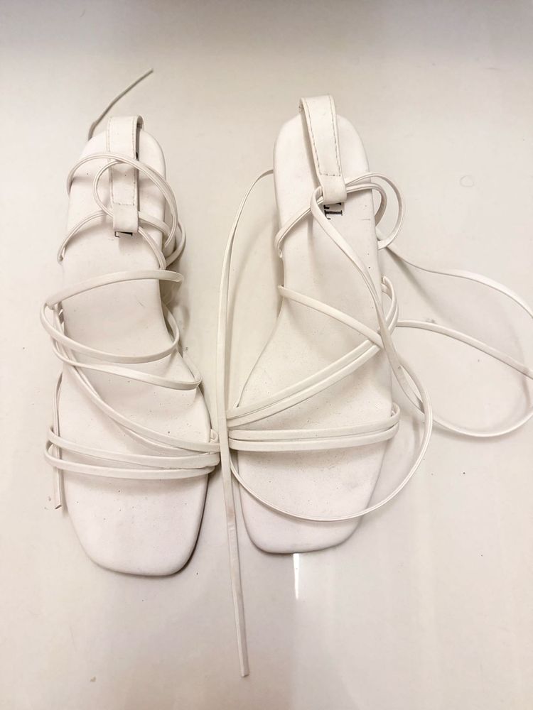 White Lace-Up Strappy Flat Sandals