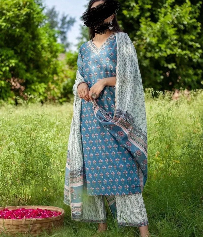 Blue Floral Print Kurta Set with Dupatta