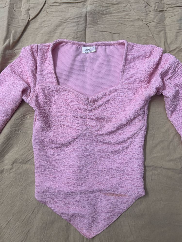 Cute Pink Textured Square Neck Top