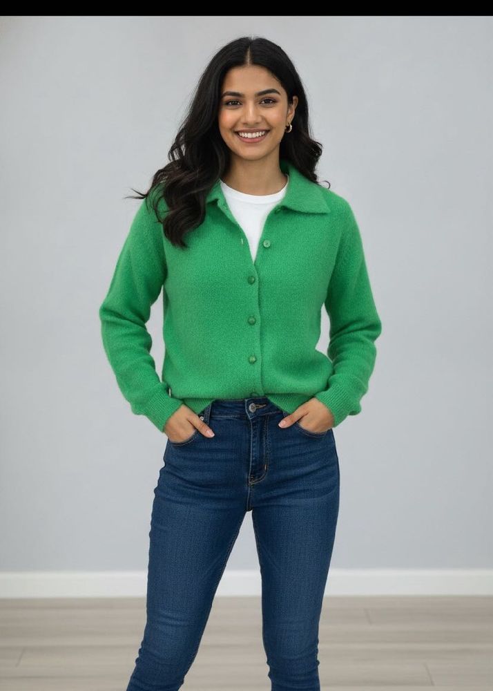 Vibrant Green Collared Knit Cardigan