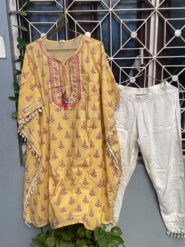 Yellow Printed kaftan Kurta Set with Pants