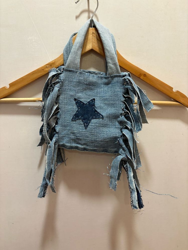 Pintresty Denim Mini fringe Bag with Star Detail