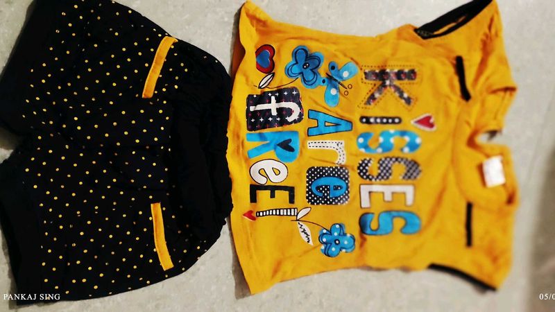Cute Yellow T-Shirt &amp; Black Polka Dot Shorts Set
