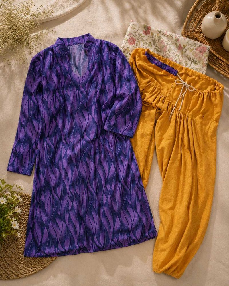 Purple Printed Kurta with Yellow Pants