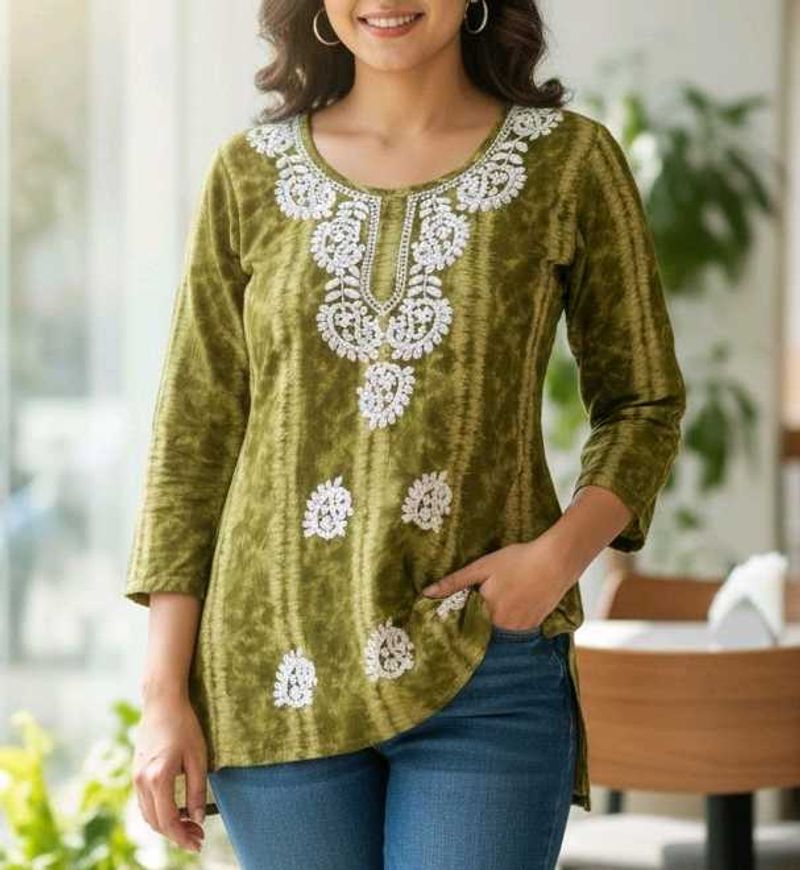 Bottle Green Embroidered short Kurta
