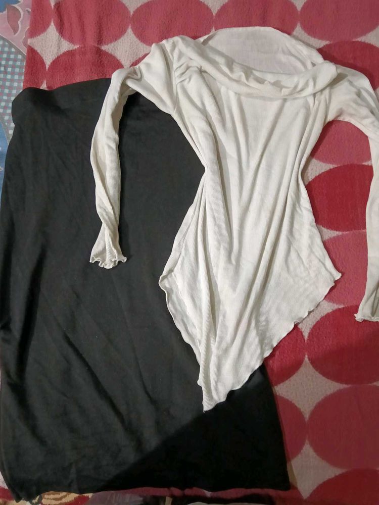 asymmetrical top and black skirt outfit