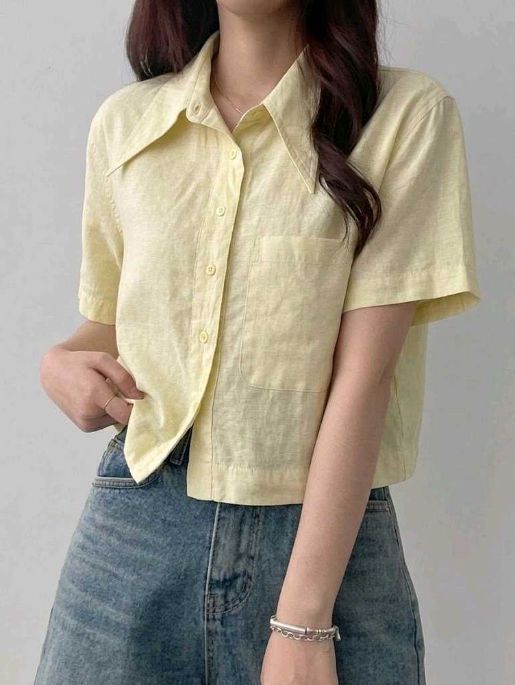 New with tag Korean Yellow Short Sleeve Collared T