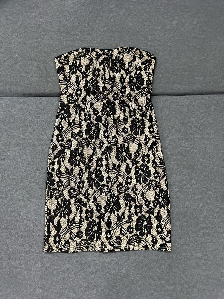 Beige &amp; Black Lace Strapless Bodycon Dress