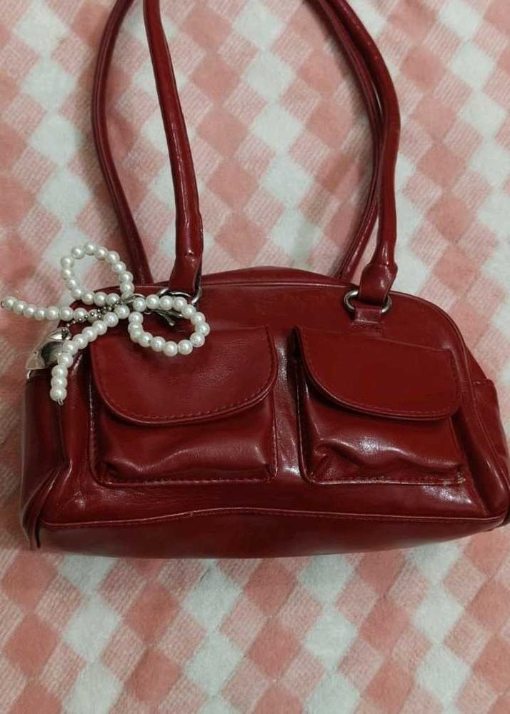 Red Handbag with Pearl Detail
