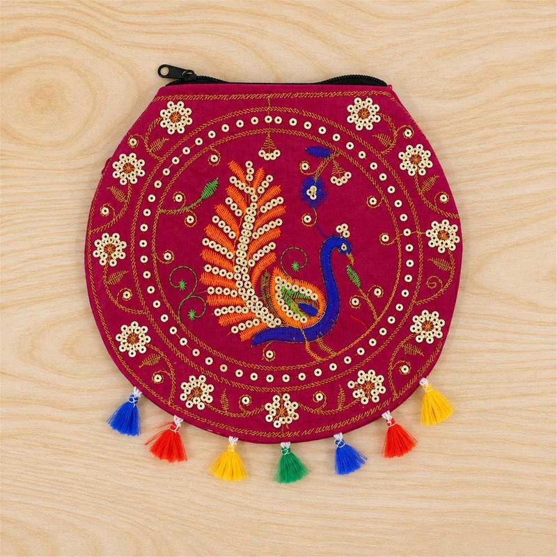 Embroidered Peacock Round Pouch