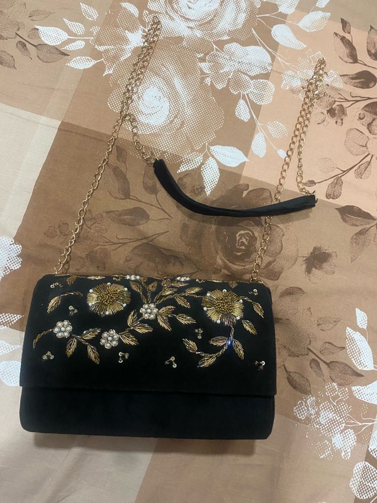 Embroidered Black Clutch with Chain Strap