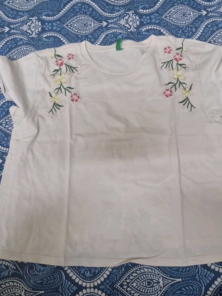 White T-Shirt with Floral Embroidery