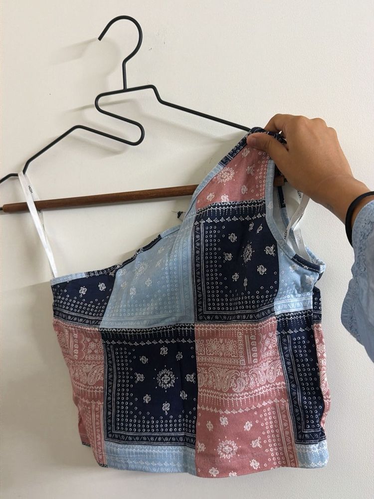 Patchwork One-Shoulder Crop Top