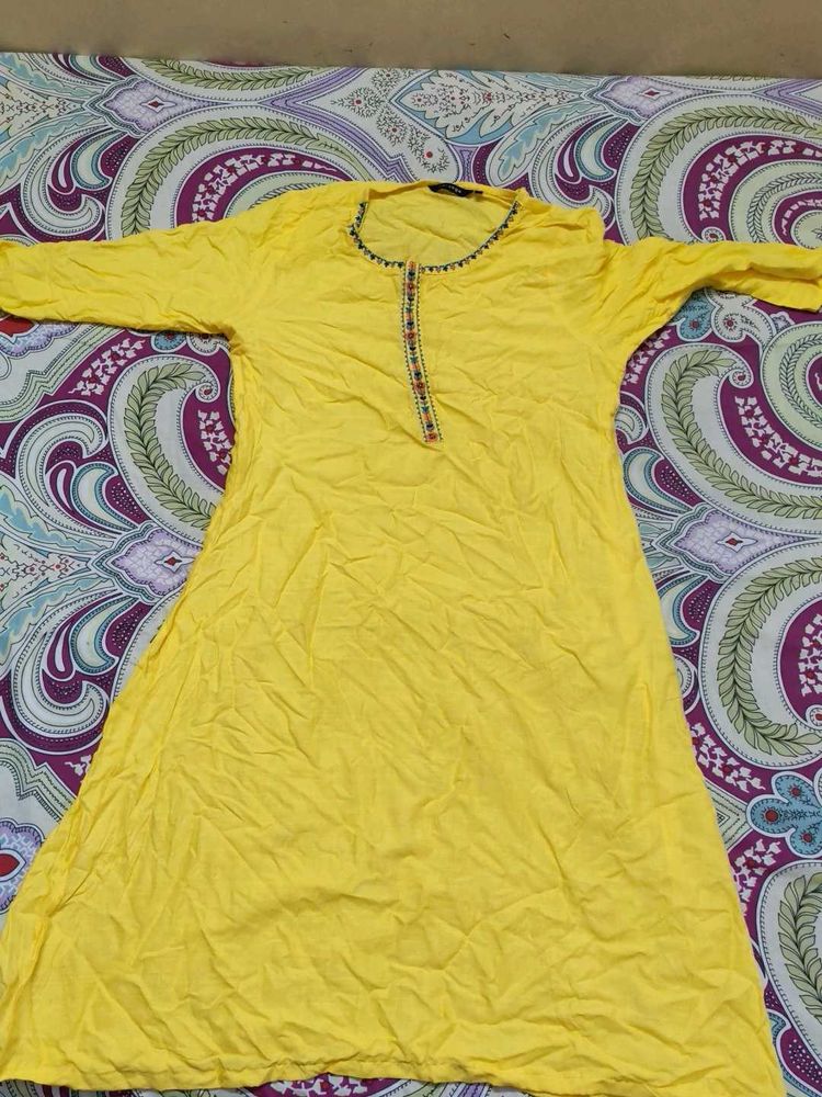 Yellow Kurta with Embroidered Neckline