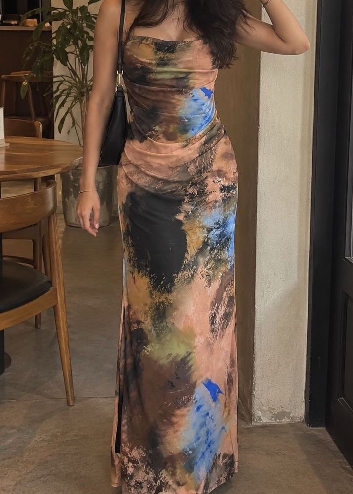 Abstract Print Ruched Midi Dress