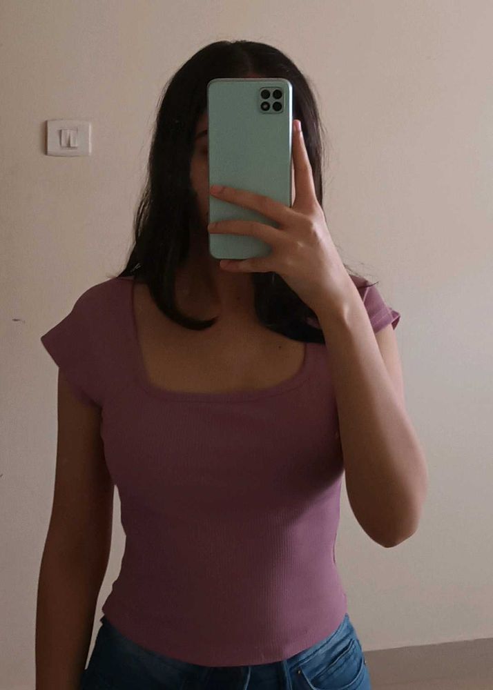 mauve ribbed square neck top