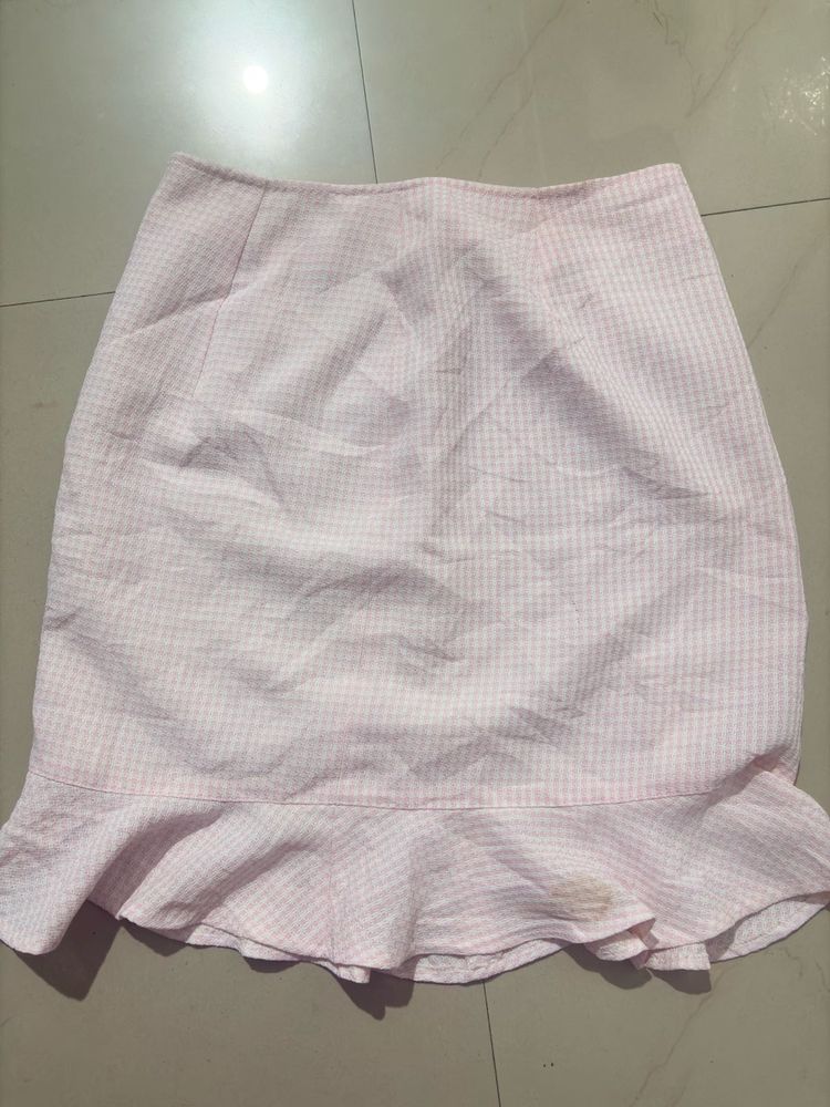 Vintage Japanese Pink Gingham Tweed Ruffle Skirt (